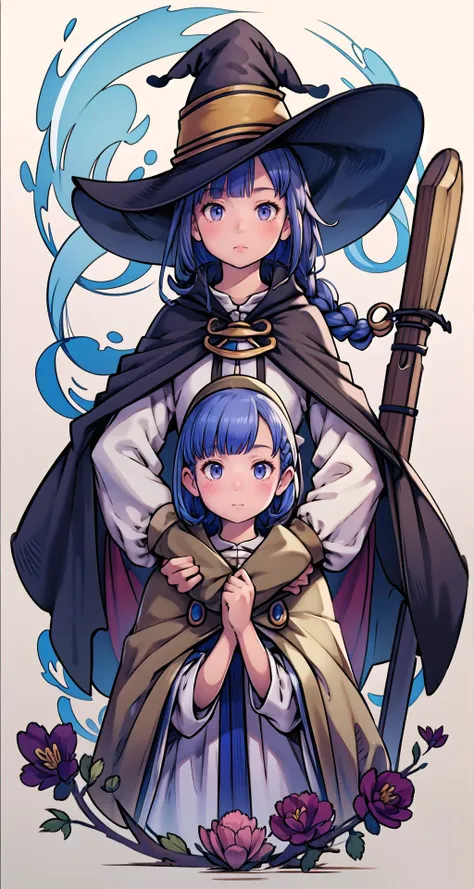 (best quality), (masterpiece), ((beautiful:0.75) cute girl:0.75), [clear and clean] pixiv (illustration), roxy migurdia, blue eyes, blue hair, bangs, brown cape, witch hat, braid,<lora:RoxyHD4:0.9>