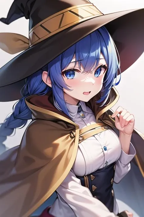 (best quality), (masterpiece), ((beautiful:0.75) cute girl:0.75), [clear and clean] pixiv (illustration), roxy migurdia, blue eyes, blue hair, bangs, brown cape, witch hat, braid,  <lora:RoxyUltraHD:0.9>