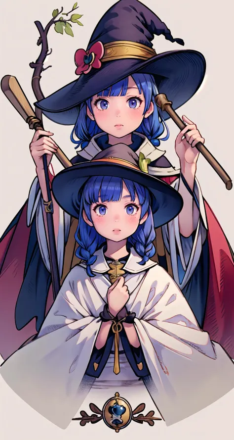 (best quality), (masterpiece), ((beautiful:0.75) cute girl:0.75), [clear and clean] pixiv (illustration), roxy migurdia, blue eyes, blue hair, bangs, brown cape, witch hat, braid,<lora:RoxyHD4:1>