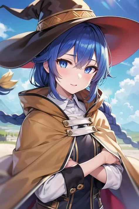 (best quality), (masterpiece), ((beautiful:0.75) cute girl:0.75), [clear and clean] pixiv (illustration), roxy migurdia, blue eyes, blue hair, bangs, brown cape, witch hat, braid,  <lora:Roxy:1>