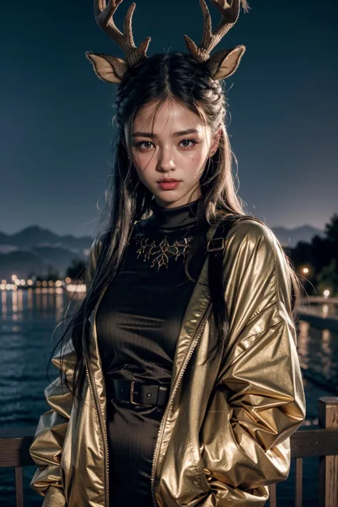 (realistic:1.3), finely detailed, quality, rembrandt lighting, (masterpiece:1.2), (photorealistic:1.2), (best quality), (detailed skin:1.3), (intricate details), dramatic, ray tracing, 1girl, tsukinogi, deer ears, antlers, 21 years old, detailed skin texture, (blush:0.5), (goosebumps:0.5), subsurface scattering, smiling, medium breasts, black hair, brown eyes, bangs, hair between eyes, jacket, off shoulder, sweater, (dress:1.1), cowboy shot, (night, night sky, outdoors, cityscape), <lora:arknights_tsukinogi:1>