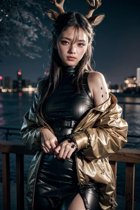 (realistic:1.3), finely detailed, quality, rembrandt lighting, (masterpiece:1.2), (photorealistic:1.2), (best quality), (detailed skin:1.3), (intricate details), dramatic, ray tracing, 1girl, tsukinogi, deer ears, antlers, 21 years old, detailed skin texture, (blush:0.5), (goosebumps:0.5), subsurface scattering, smiling, medium breasts, black hair, brown eyes, bangs, hair between eyes, jacket, off shoulder, sweater, (dress:1.1), cowboy shot, (night, night sky, outdoors, cityscape), <lora:arknights_tsukinogi:1>