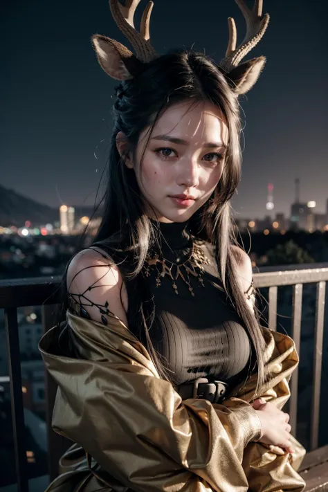 (realistic:1.3), finely detailed, quality, rembrandt lighting, (masterpiece:1.2), (photorealistic:1.2), (best quality), (detailed skin:1.3), (intricate details), dramatic, ray tracing, 1girl, tsukinogi, deer ears, antlers, 21 years old, detailed skin texture, (blush:0.5), (goosebumps:0.5), subsurface scattering, smiling, medium breasts, black hair, brown eyes, bangs, hair between eyes, jacket, off shoulder, sweater, (dress:1.1), cowboy shot, (night, night sky, outdoors, cityscape), <lora:arknights_tsukinogi:1>