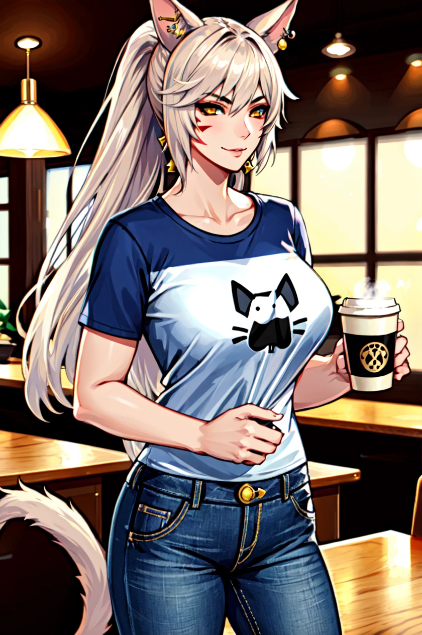 1 girl, solo, large breasts, HoldingACupofCoffee,tshirt, jeans, Simple-Miqote
