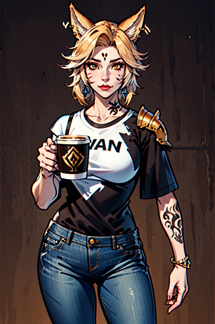 1 girl, solo, large breasts, HoldingACupofCoffee,tshirt, jeans, Simple-Miqote
