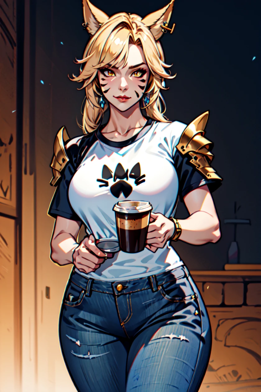 1 girl, solo, large breasts, HoldingACupofCoffee,tshirt, jeans, Simple-Miqote