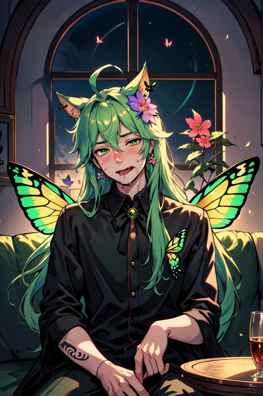 1boy, male focus, solo, Simple-Miqote GenderlessFaeVibes Ahoge-HornballFace FallingAsleep-Horror