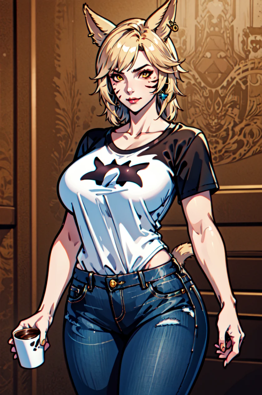 1 girl, solo, large breasts, HoldingACupofCoffee,tshirt, jeans, Simple-Miqote
