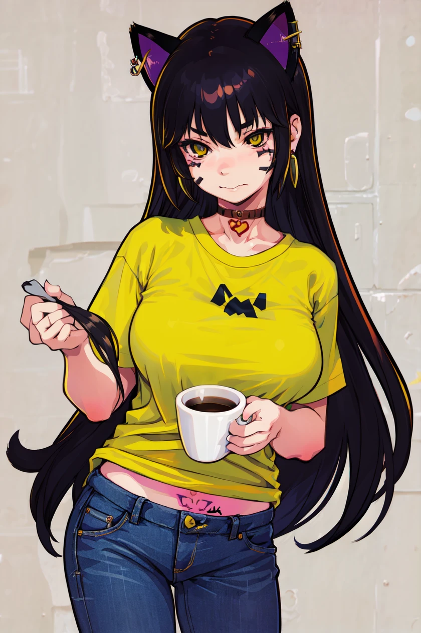1 girl, solo, large breasts, HoldingACupofCoffee,tshirt, jeans, Simple-Miqote