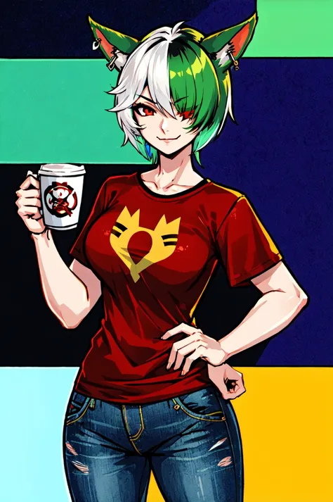 1 girl, solo, large breasts, HoldingACupofCoffee,tshirt, jeans, Miqote-GenderofChoice