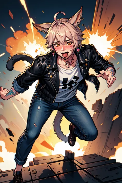 1boy, male focus, solo, Simple-Miqote Ahoge-HornballFace BadBoyVibes-GenderFree Fart-Pose