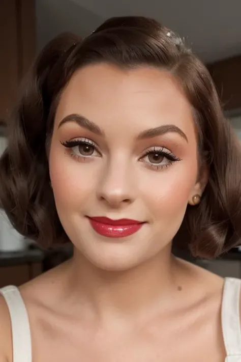 photo of a woman, ((fifties hair, 50s hairstyle, fifties dress, kitchen, home)), smiling, (lipstick, blush, eye shadow), ((best quality, masterpiece, extreme details, high resolution):1.2),((detailed eyes, beautiful eyes, detailed face, beautiful face):1.2) <lora:feminist-07:0.6>, feminist,