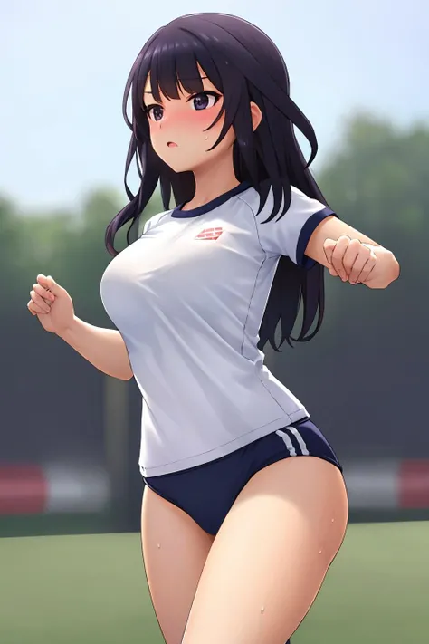 16k, highres, masterpiece, best quality, 
cinematic photo, 
 <lora:agatsuma_kaede_v1:0.6>
runing on track in the school field, nose blush, heavy breathing, sweat, from below, dynamic angle,
kaede-base, blunt bangs, long hair, medium breasts, 
gym uniform, navy blue buruma, thighs, untucked shirt,  white round neck shirt, 
<lora:hadanuri1:1> ,
35mm photograph, film, bokeh, professional, 4k, highly detailed,