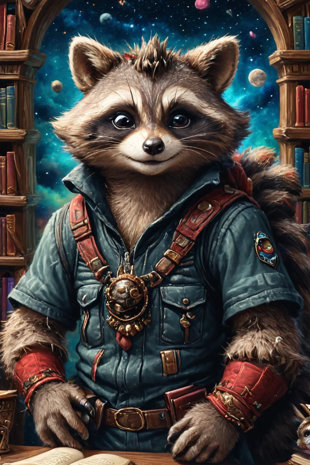 Detailed digital portrait of an anthro Raccoon (Winking playfully, cheeky expression) at a Cosmic library housing forbidden knowledge, <lora:xl_more_art-full_v1:0.5>, <lora:The_Crazy_Style:0.7> <lora:anthro_muscular:0.7>