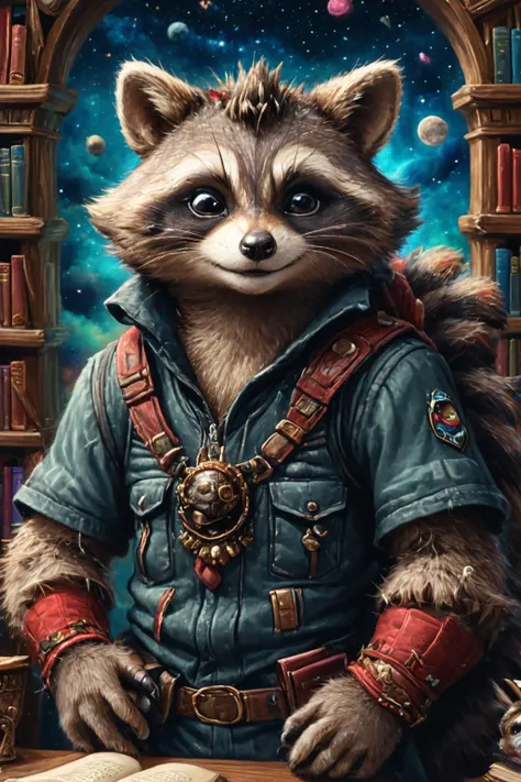 Detailed digital portrait of an anthro Raccoon (Winking playfully, cheeky expression) at a Cosmic library housing forbidden knowledge, <lora:xl_more_art-full_v1:0.5>,  <lora:The_Crazy_Style:0.7> <lora:anthro_muscular:0.7>