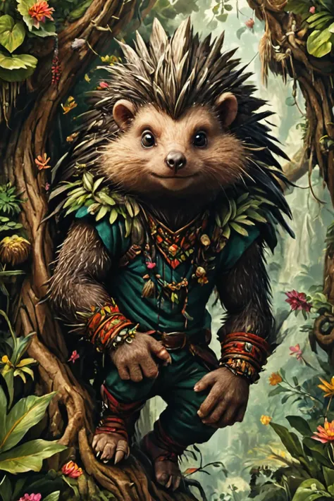 Detailed digital portrait of an anthro Porcupine (Climbing a tree, adventurous spirit) at a Jungle planet with levitating flora, <lora:xl_more_art-full_v1:0.5>,  <lora:The_Crazy_Style:0.7> <lora:anthro_muscular:0.7>