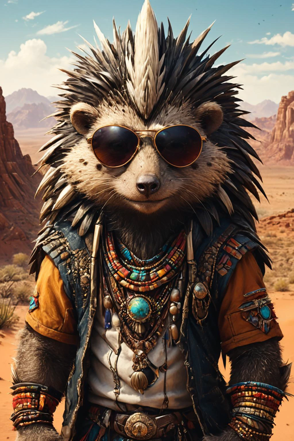 Detailed digital portrait of an anthro Porcupine (Wearing sunglasses, radiating cool confidence) at a Desert planet with nomadic tribes, <lora:xl_more_art-full_v1:0.5>, <lora:The_Crazy_Style:0.7> <lora:anthro_muscular:0.7>