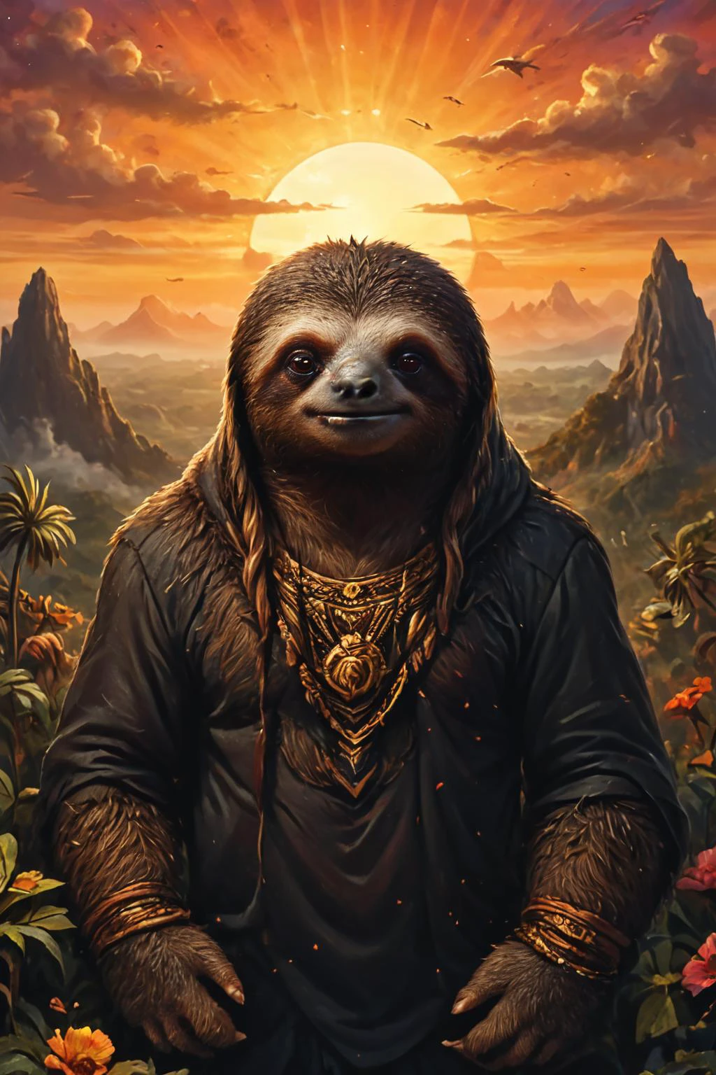 Detailed digital portrait of an anthro Sloth (Silhouetted against the sunset, dramatic backdrop) at a Collective consciousness transcending individual existence, <lora:xl_more_art-full_v1:0.5>, <lora:The_Crazy_Style:0.7> <lora:anthro_muscular:0.7>