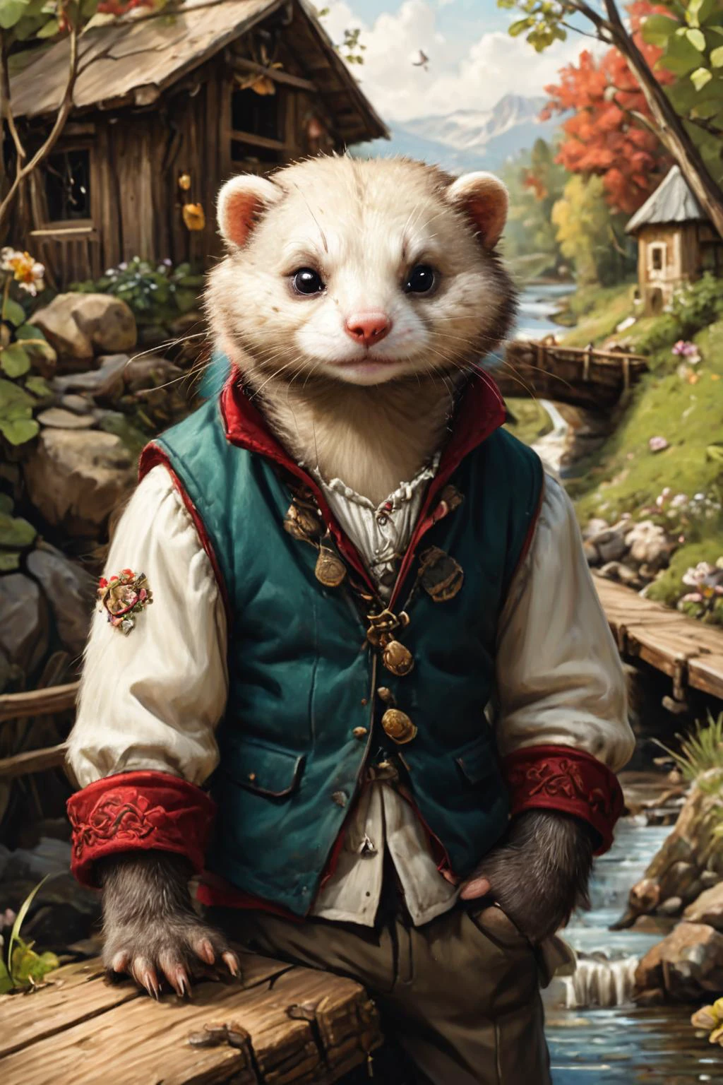 Detailed digital portrait of an anthro Ferret at a Wooden bridge over peaceful stream, <lora:xl_more_art-full_v1:0.5>, <lora:The_Crazy_Style:0.7> <lora:anthro_muscular:0.7>