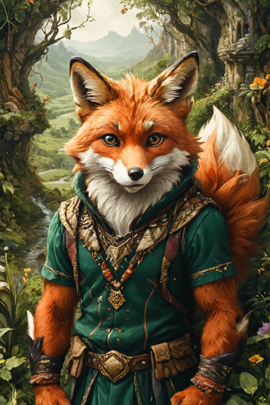 Detailed digital portrait of an anthro Fox at a Hidden valley with lush vegetation, <lora:xl_more_art-full_v1:0.5>, <lora:The_Crazy_Style:0.7> <lora:anthro_muscular:0.7>