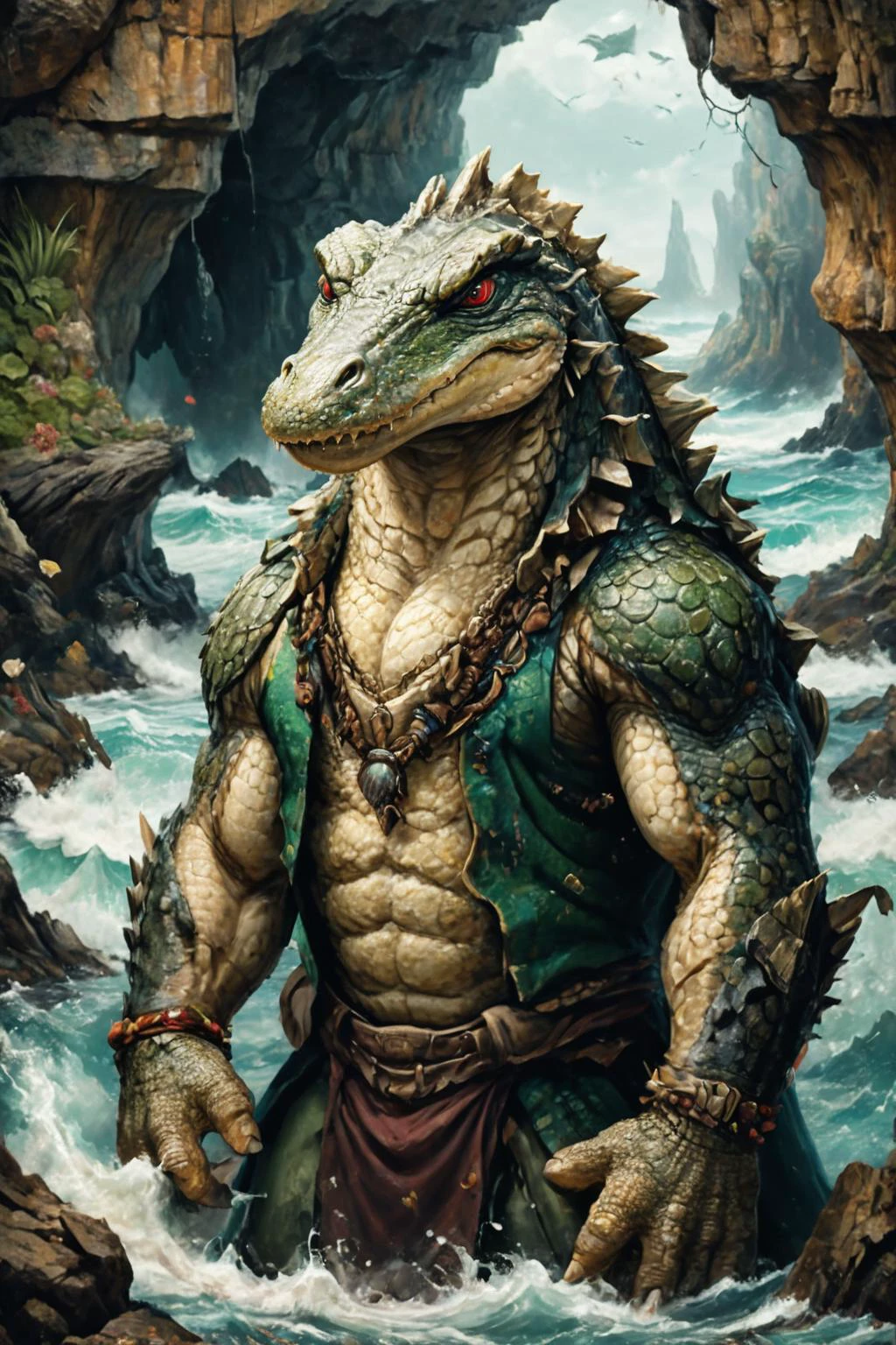 Detailed digital portrait of an anthro Crocodile at a Rocky sea cave with crashing waves, <lora:xl_more_art-full_v1:0.5>, <lora:The_Crazy_Style:0.7> <lora:anthro_muscular:0.7>