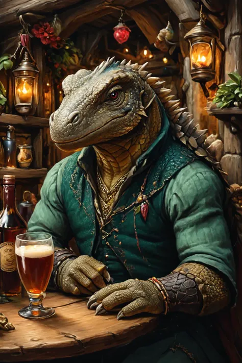 Detailed digital portrait of an anthro Komodo dragon at a Candlelit tavern bustling with patrons, <lora:xl_more_art-full_v1:0.5>,  <lora:The_Crazy_Style:0.7> <lora:anthro_muscular:0.7>