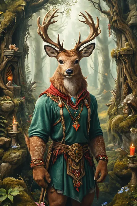 Detailed digital portrait of an anthro Deer at a Hidden forest shrine with mystical aura, <lora:xl_more_art-full_v1:0.5>,  <lora:The_Crazy_Style:0.7> <lora:anthro_muscular:0.7>