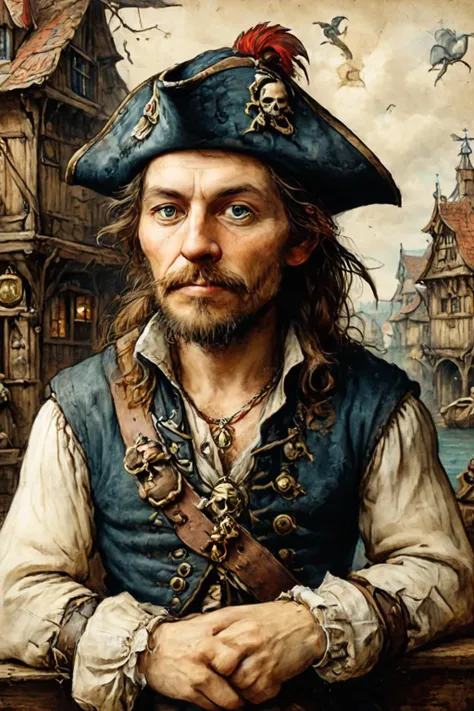 Detailed digital portrait of a Victorian pirate with nautical mystique at a Timber-framed houses in medieval town, <lora:ParchartXL-1.5:0.7> on parchment, <lora:xl_more_art-full_v1:0.5>, <lora:The_Crazy_Style:0.7>