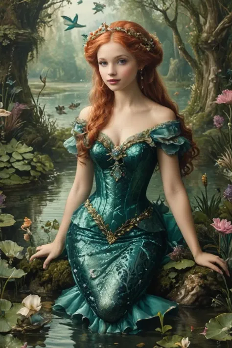 Detailed digital portrait of a Mermaid in elegant Victorian gown with aquatic motifs  at a Secluded pond in enchanted woodland, <lora:xl_more_art-full_v1:0.5>,  <lora:The_Crazy_Style:0.7>