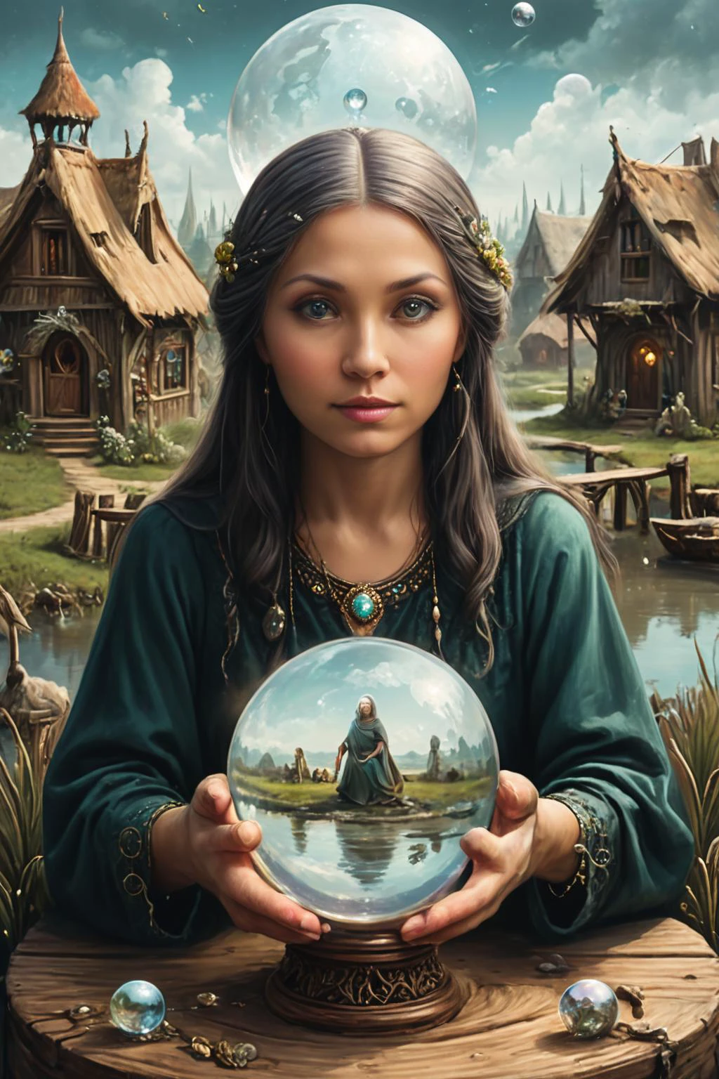 Detailed digital portrait of a Psychic oracle with crystal ball visions at a Marshland village with wooden walkways, <lora:xl_more_art-full_v1:0.5>, <lora:The_Crazy_Style:0.7>