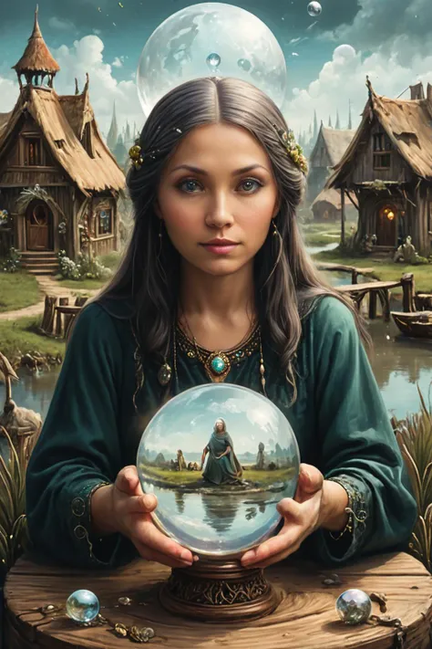 Detailed digital portrait of a Psychic oracle with crystal ball visions  at a Marshland village with wooden walkways, <lora:xl_more_art-full_v1:0.5>,  <lora:The_Crazy_Style:0.7>