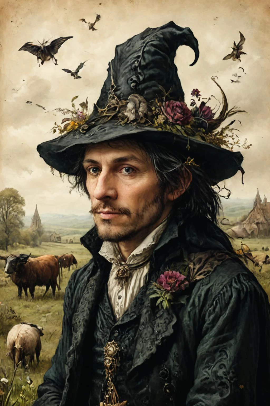 Detailed digital portrait of a Victorian warlock with dark, mysterious demeanor at a Tranquil meadow with grazing livestock, <lora:ParchartXL-1.5:0.7> on parchment, <lora:xl_more_art-full_v1:0.5>, <lora:The_Crazy_Style:0.7>