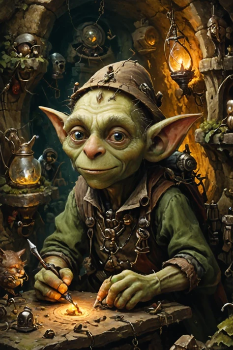 Detailed digital portrait of a Goblin tinkerer crafting mystical inventions at a Underground catacombs with ancient tombs, <lora:xl_more_art-full_v1:0.5>, <lora:The_Crazy_Style:0.7>