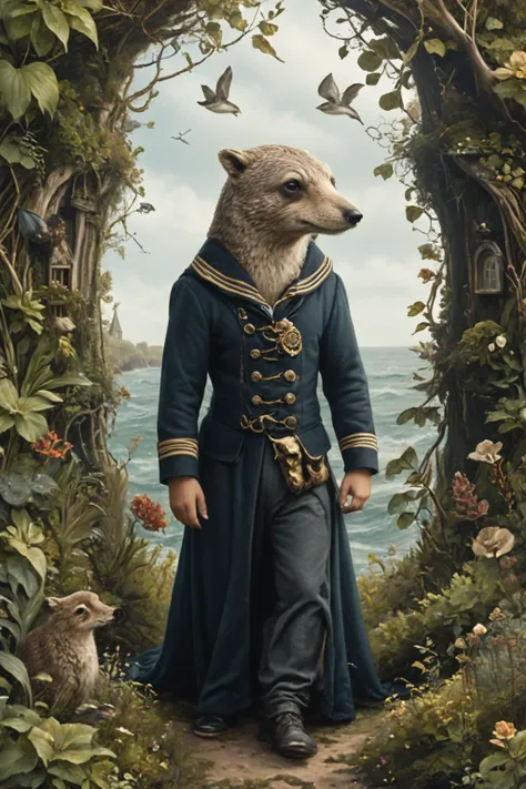 Detailed digital portrait of a Nautical selkie in Victorian sailor attire  at a Overgrown path leading to hidden grove, <lora:xl_more_art-full_v1:0.5>,  <lora:The_Crazy_Style:0.7>