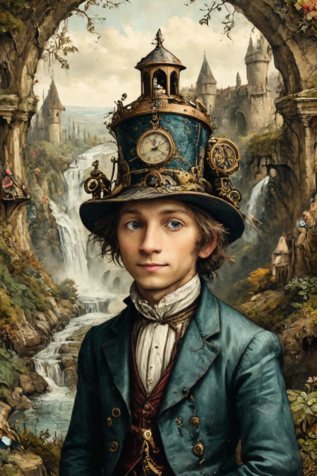 Detailed digital portrait of a Clockwork automaton in tailored Victorian attire at a Hidden waterfall behind medieval castle, <lora:ParchartXL-1.5:0.7> on parchment, <lora:xl_more_art-full_v1:0.5>, <lora:The_Crazy_Style:0.7>