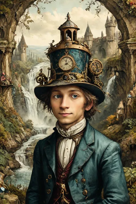 Detailed digital portrait of a Clockwork automaton in tailored Victorian attire  at a Hidden waterfall behind medieval castle,  <lora:ParchartXL-1.5:0.7> on parchment,  <lora:xl_more_art-full_v1:0.5>,  <lora:The_Crazy_Style:0.7>