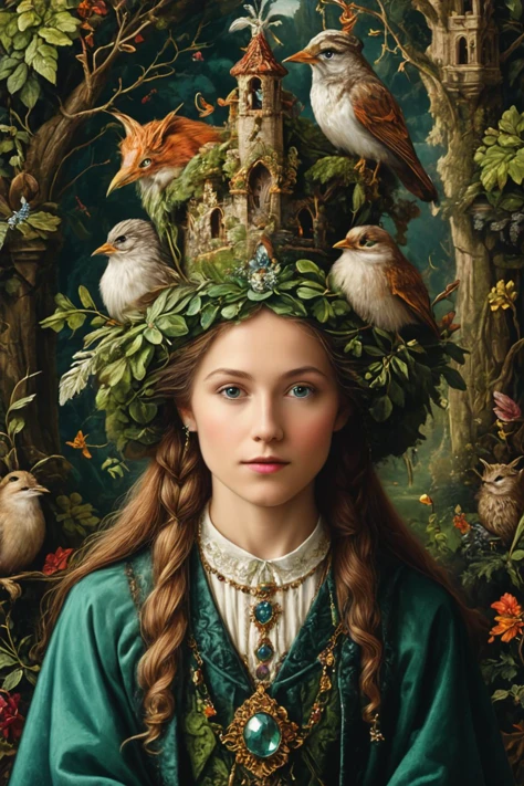 Detailed digital portrait of a Mystic druid with nature-infused Victorian attire at a Vibrant tapestries adorning castle walls, <lora:xl_more_art-full_v1:0.5>, <lora:The_Crazy_Style:0.7>