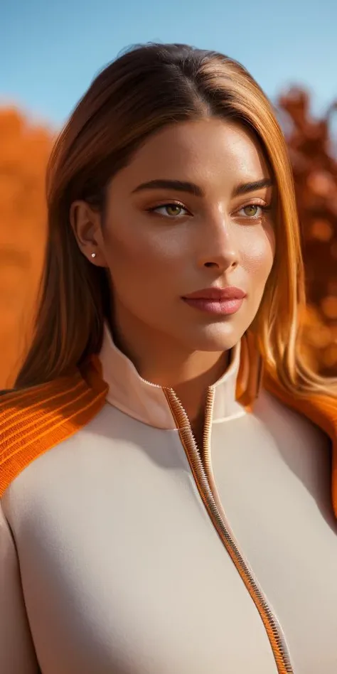 noa kirel, masterpiece, portrait, professional Unreal Engine, masterpiece Redshift render, Sleek, Landscape of a Sexy thick (Female:1.2) , ð, Artist, wearing Cashmere Peach Armor, Action scene, Symbolic Buttons, Noble Fitbit, simple electric orange background, Clear skies, soft focus, Fine art, Velvia, sfumato, dripping with Blue,  <lora:noa_kirel_1.0:1>