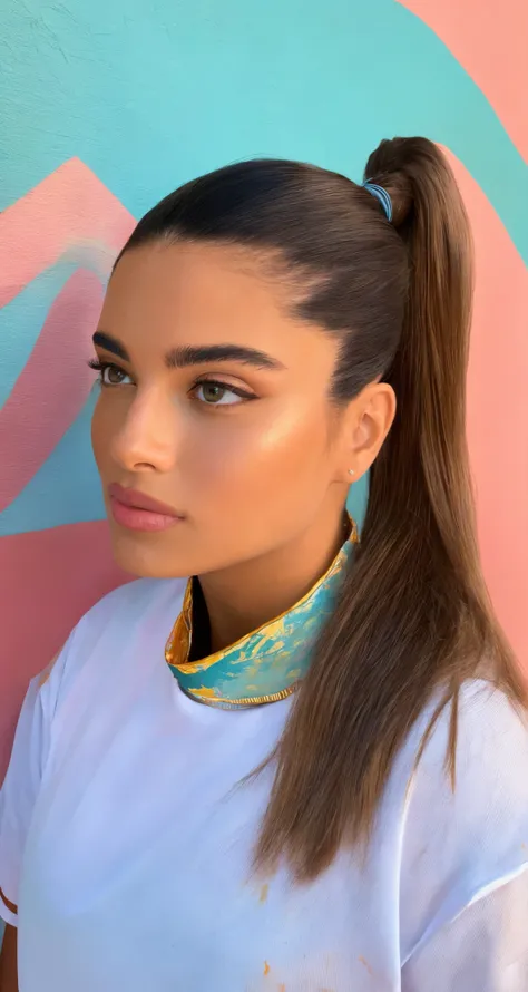 noa kirel, wearing ringer tee radiance looking 70s casual contrast collar, closeup,
folded ponytail, Fresco painting, painterly,
masterpiece, beautiful, young, professional, photo, high quality, highres <lora:noa_kirel_1.0:1.0>