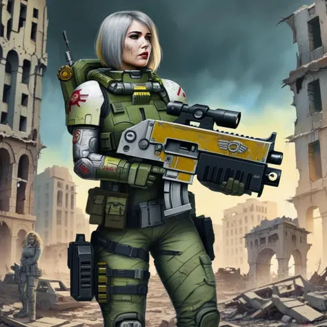 woman standing holding a gun, (boltgun), bodysuit, intricately detailed, standing in front of a ruined city, ((best quality, masterpiece)), digital painting, thick outlines, <lora:BoltgunSDXLLora-000026:1.0>
