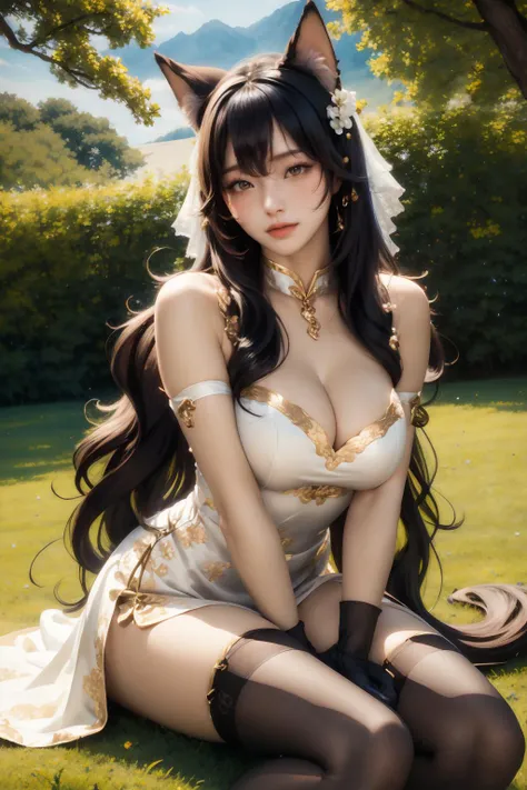"Top,Highest image quality,Master masterpieces,Hyper-realistic,Delicate and delicate beautiful girl,perfect body figure,(A flowing gray and white skirt with a tulle top with a Chinese neckline),Delicate fair skin,cabelos preto e longos,hair adornments,Exquisite and perfect facial features,Colorful clear eyes,Detailed depiction of the face,Sexy red lipstick,Sweet laugh,Nice and gentle,Long black hair,glittery,ultra fine detailed,Realiy,realisticlying,facing to audience,Skysky,green leaf,florals,Not exposed,