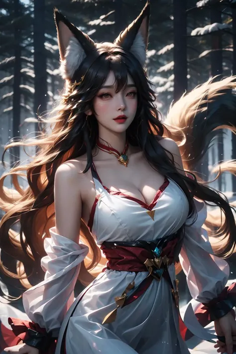 face lighting,bright backlight,super high resolution,best quality,Photos,4k,(Realistic:1.2),ali,1 girl,smile,cosplay,ahri (league of legends),mischievous,look at the audience,(medium chest:1.1),kyuubi,long ears,green eyes,(long wavy hair:1.2),white and gold headdress,qipao dress in red and gold,red and gold bracelets,(duowei:1.1),<lora:ali_50:0.9>,