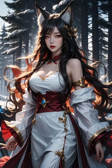 face lighting,bright backlight,super high resolution,best quality,Photos,4k,(Realistic:1.2),ali,1 girl,smile,cosplay,ahri (league of legends),mischievous,look at the audience,(medium chest:1.1),kyuubi,long ears,green eyes,(long wavy hair:1.2),white and gold headdress,qipao dress in red and gold,red and gold bracelets,(duowei:1.1),<lora:ali_50:0.9>,