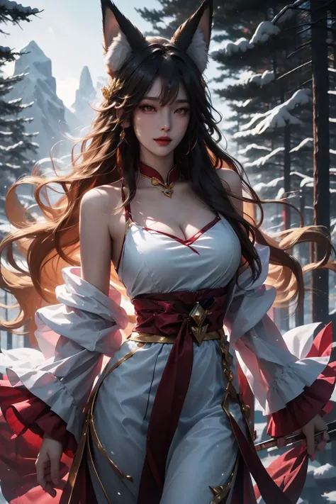 face lighting,bright backlight,super high resolution,best quality,Photos,4k,(Realistic:1.2),ali,1 girl,smile,cosplay,ahri (league of legends),mischievous,look at the audience,(medium chest:1.1),kyuubi,long ears,green eyes,(long wavy hair:1.2),white and gold headdress,qipao dress in red and gold,red and gold bracelets,(duowei:1.1),<lora:ali_50:0.9>,