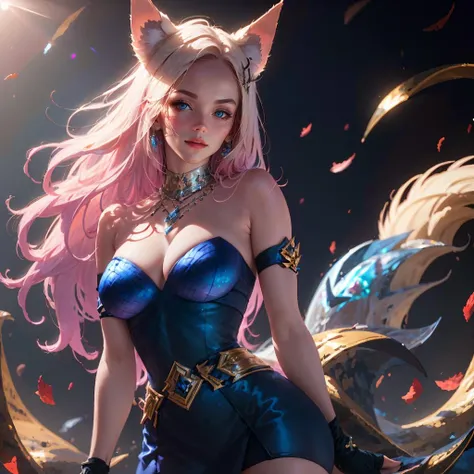 (RAW photo, best quality),(realistic, photo-realistic:1.3),masterpiece,extremely detailed,CG,unity,2k wallpaper,Amazing,finely detail,light smile,extremely detailed CG unity 8k wallpaper,huge filesize,ultra-detailed,highres,absurdres,soft light,
1girl,Ahri from League of Legends,playful,seductive,cosplay,nine-tailed fox,standing on one leg,hand on hip,mischievous smile,looking away,(perky ears:1.1),long,flowing white hair,(fluffy tail:1.2),red and white mini dress,(thigh-high stockings:1.3),black high heels,gold necklace,enchanted forest,
<lora:girl_20230620183339:0.9>,