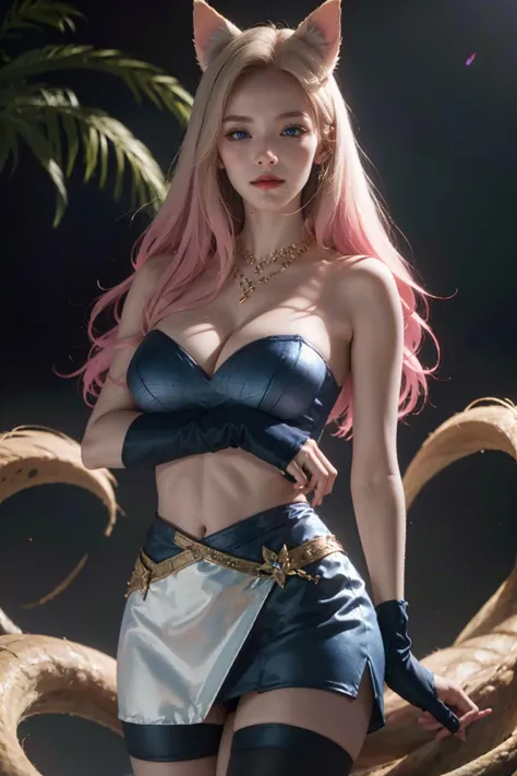 (RAW photo, best quality),(realistic, photo-realistic:1.3),masterpiece,extremely detailed,CG,unity,2k wallpaper,Amazing,finely detail,light smile,extremely detailed CG unity 8k wallpaper,huge filesize,ultra-detailed,highres,absurdres,soft light,
1girl,Ahri from League of Legends,playful,seductive,cosplay,nine-tailed fox,standing on one leg,hand on hip,mischievous smile,looking away,(perky ears:1.1),long,flowing white hair,(fluffy tail:1.2),red and white mini dress,(thigh-high stockings:1.3),black high heels,gold necklace,enchanted forest.,
<lora:girl_20230620183339:0.8>,