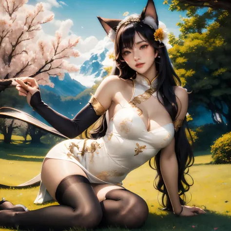 <lora:ali_10:0.9>,((masterpiece, best quality)),mixes realistic and fantastical elements,vibrant manga,uhd image,vibrant illustrations.,ali,cute,cosplay,sitting on a tree branch,hand on knee,mischievous,looking at viewer,(moderate breasts:1.1),(whisker marks:1.8),nine tails,long ears,(long wavy hair:1.2),white and gold headdress,red and gold qipao dress,(thigh-high stockings:1.3),outdoors,sunlight,lawn,flower,sunny,