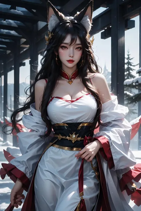 face lighting,bright backlight,super high resolution,best quality,Photos,4k,(Realistic:1.2),ali,1 girl,smile,cosplay,ahri (league of legends),mischievous,look at the audience,(medium chest:1.1),kyuubi,long ears,green eyes,(long wavy hair:1.2),white and gold headdress,qipao dress in red and gold,red and gold bracelets,(duowei:1.1),<lora:ali_50:0.9>,
