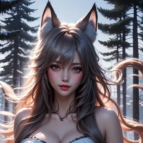 Fox Girl, Fox's Tail, Nine-Tailed Fox,Fox Ears, Black colored hair, Fox Makeup,One Girl、 Kimono with open chest, Body size is 100-70-90!、Nice body, Avatar, face, Open chest, lewd face, Dominant representation, naughty face,Big Breasts,Emphasize cleavage,Show bare skin、Skin is visible、With legs apart、Show off your thighs、With legs apart、A beautifully patterned kimono、I can see her cleavage、Muscular、Uplifting、Abdominal muscles、Exposed skin、Long Hair、Skin Texture、Soft breasts 、outside、Grassy field