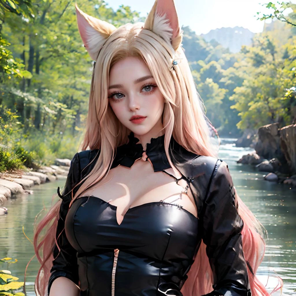 <lora:ali_07:0.8>,((masterpiece, best quality)),mixes realistic and fantastical elements,uhd image,ali,cute,cosplay,looking at viewer,(moderate breasts:1.1),(whisker marks:1.6),nine tails,long ears,(long wavy hair:1.2),(detailed light) , feather, leaves, nature, (sunlight), river, (forest),(bloom),